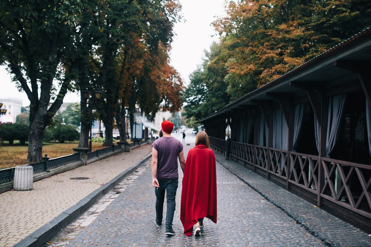 loving couple walking in the city